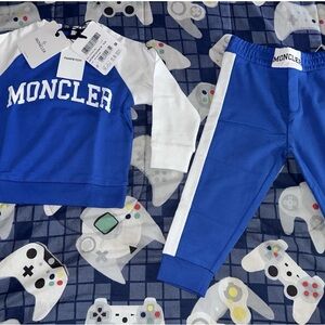 Moncler Kids Blue Joggers with White Stripes